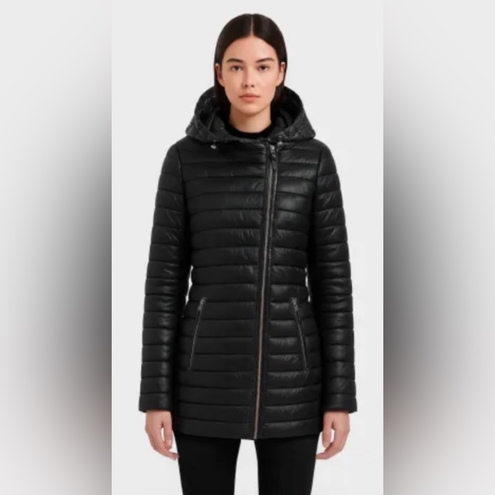 Atelier Noir by Rudsak Cortina Black Duck Down Quilted Coat Lamb Leather Trim L